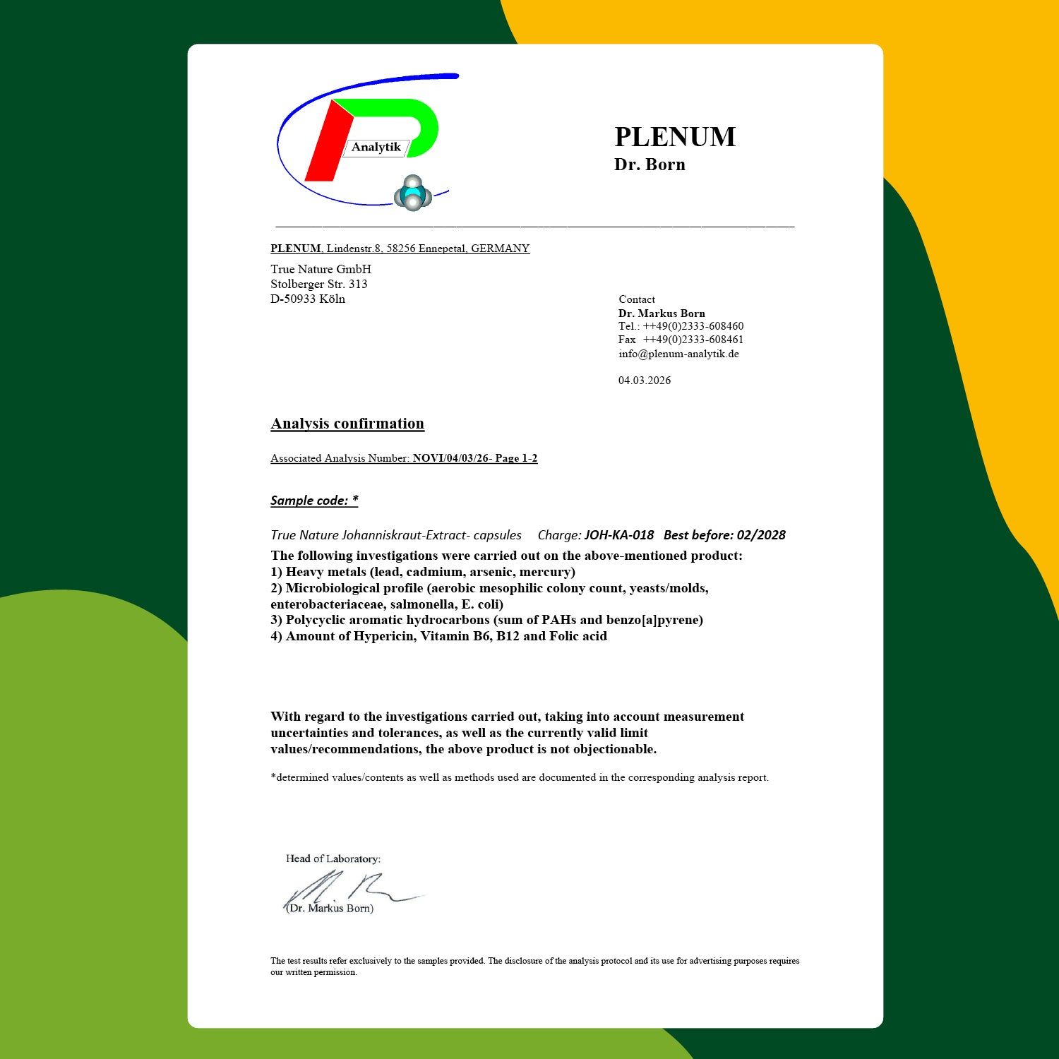 Rapporto di laboratorio. Testo: Conferma dell'analisi. Denominazione del campione: Capsule di estratto di iperico. Lotto: JOH-KA-018. Da consumarsi preferibilmente entro: 02/2026.