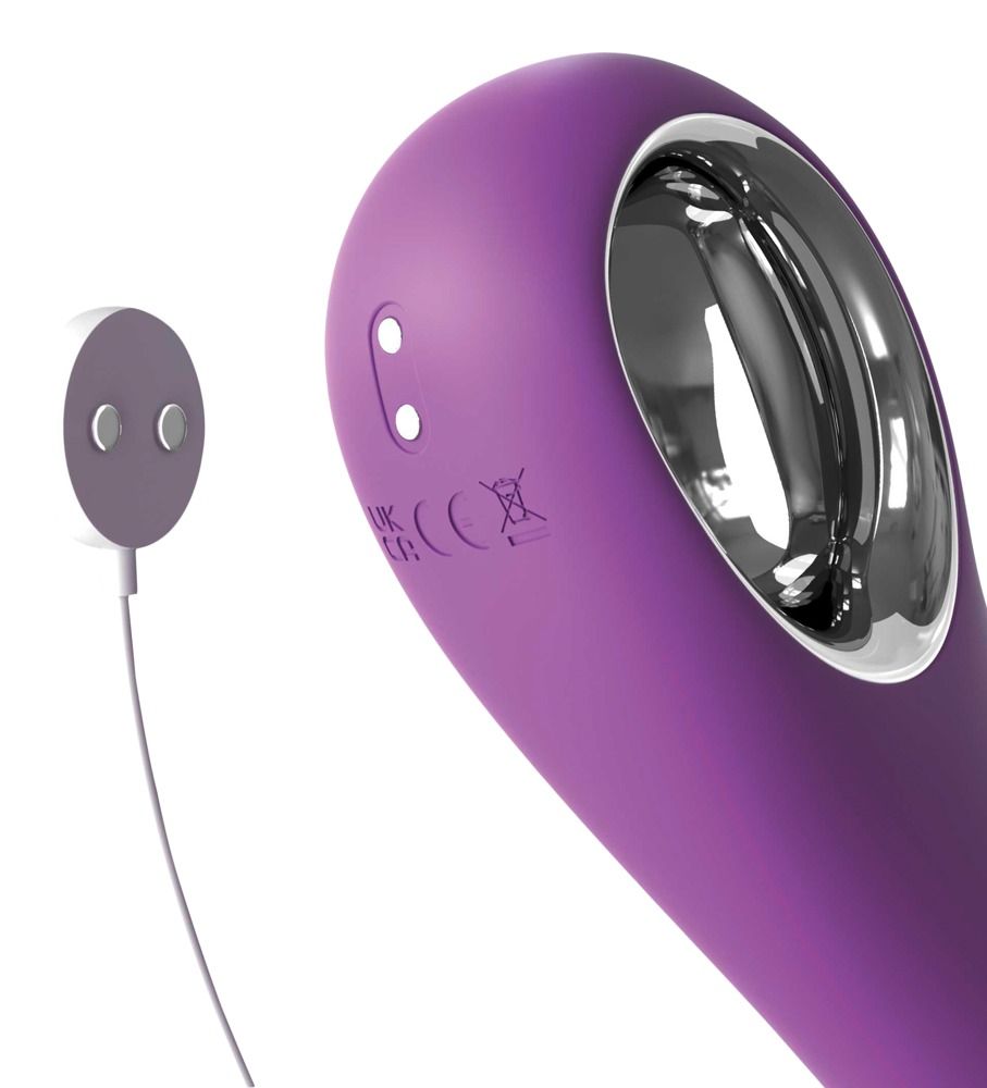 Vibratore viola con dettagli argentati. Visibile: porta di ricarica, pulsanti di controllo, marchio CE.