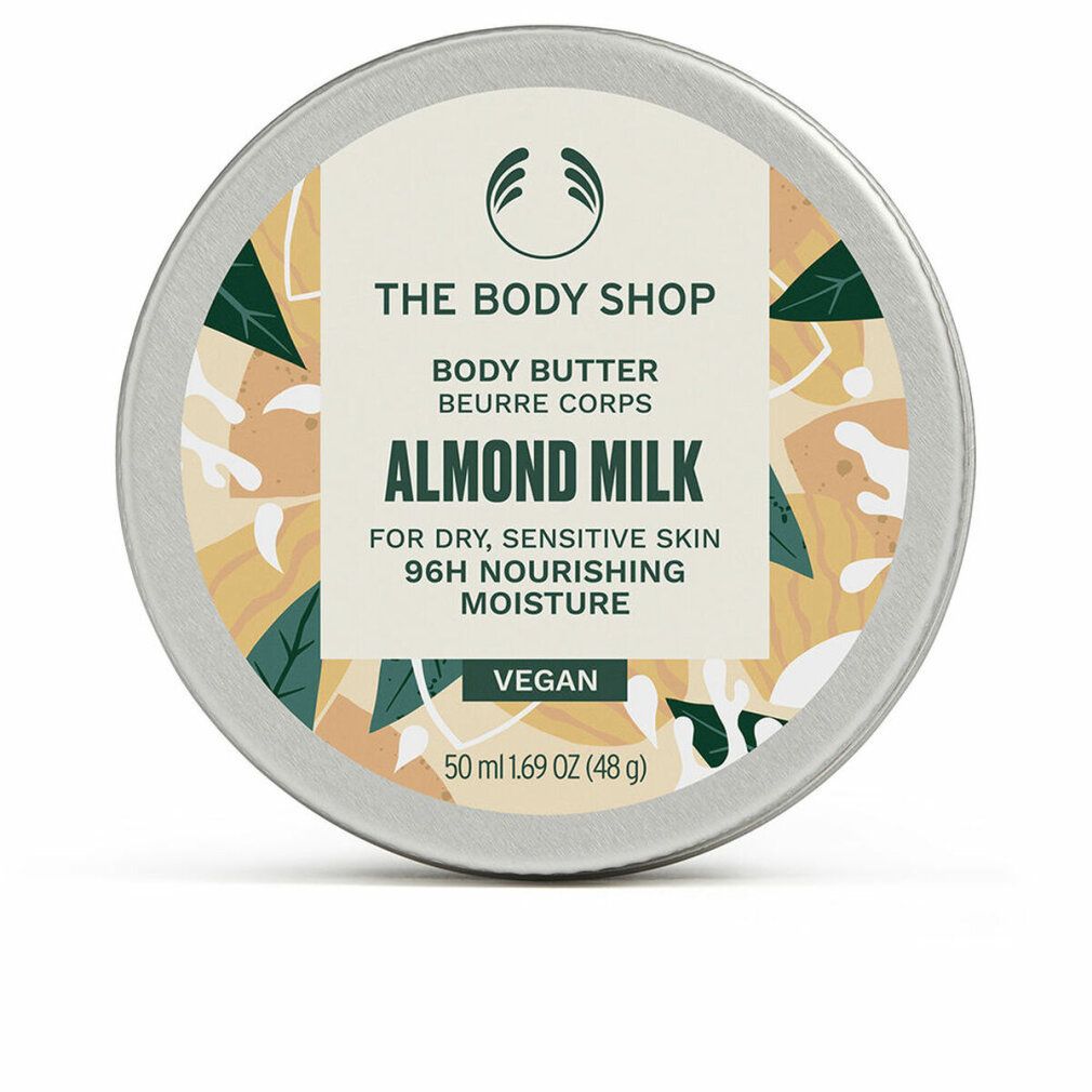 Barattolo rotondo di Body Butter The Body Shop. Scritta: Almond Milk, per pelli secche e sensibili. Vegano. 50 ml.