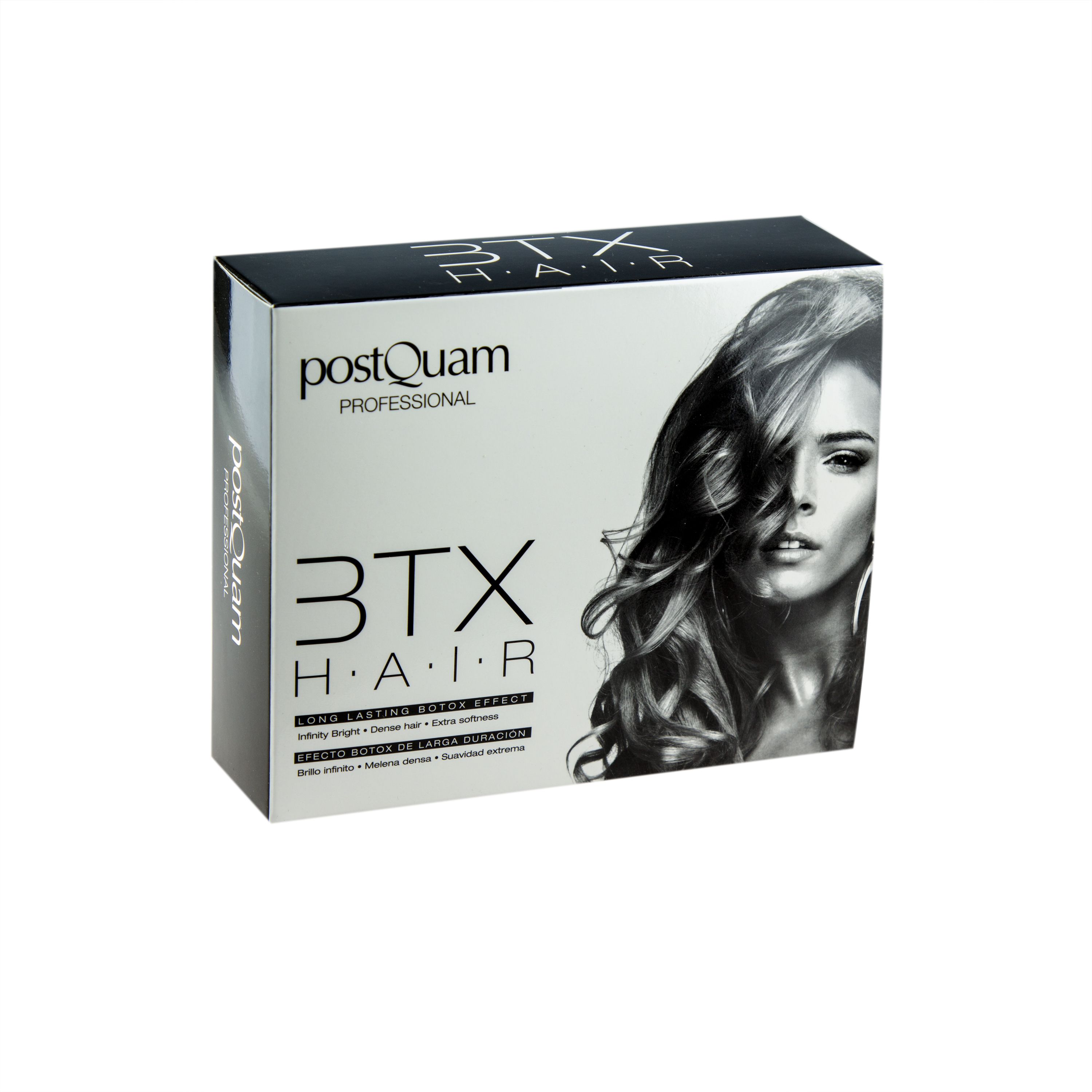 Confezione del prodotto con scritte: PostQuam, 3TX HAIR. Immagine di donna con capelli mossi.