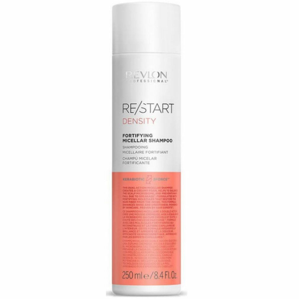 Flacone di shampoo bianco e rosa. Scritte: Revlon Professional, Re/Start Density, Fortifying Micellar Shampoo. 250 ml.