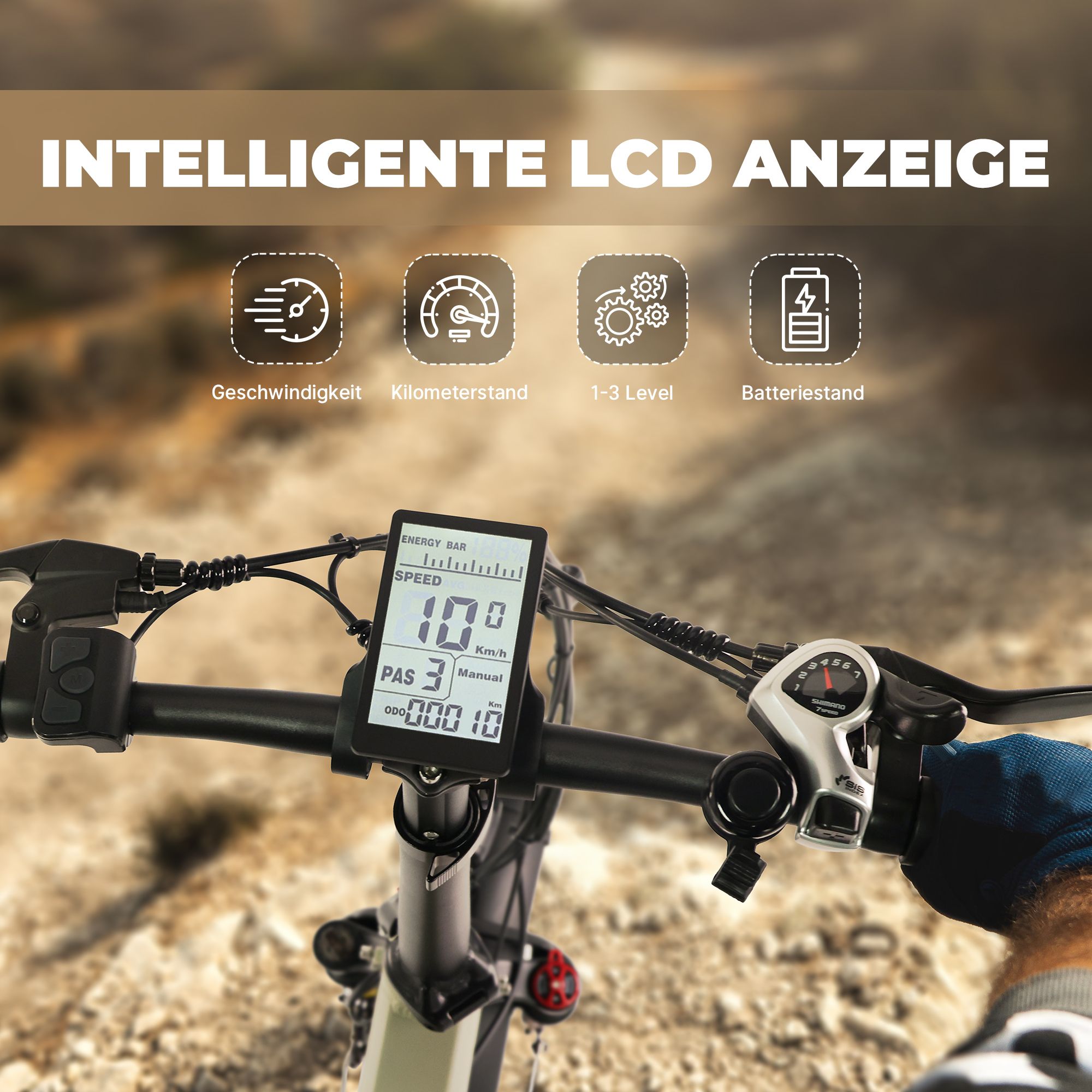 Display LCD intelligente. Velocità, chilometraggio, livelli 1-3, stato batteria. Manubrio nero.