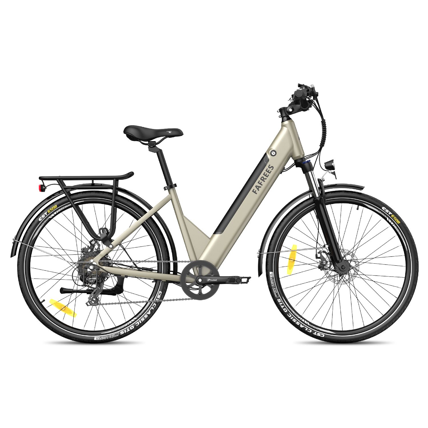 E-bike Fafrees F28 Pro, beige, dettagli neri. Portapacchi, parafanghi, pneumatici CST. Marchio visibile.
