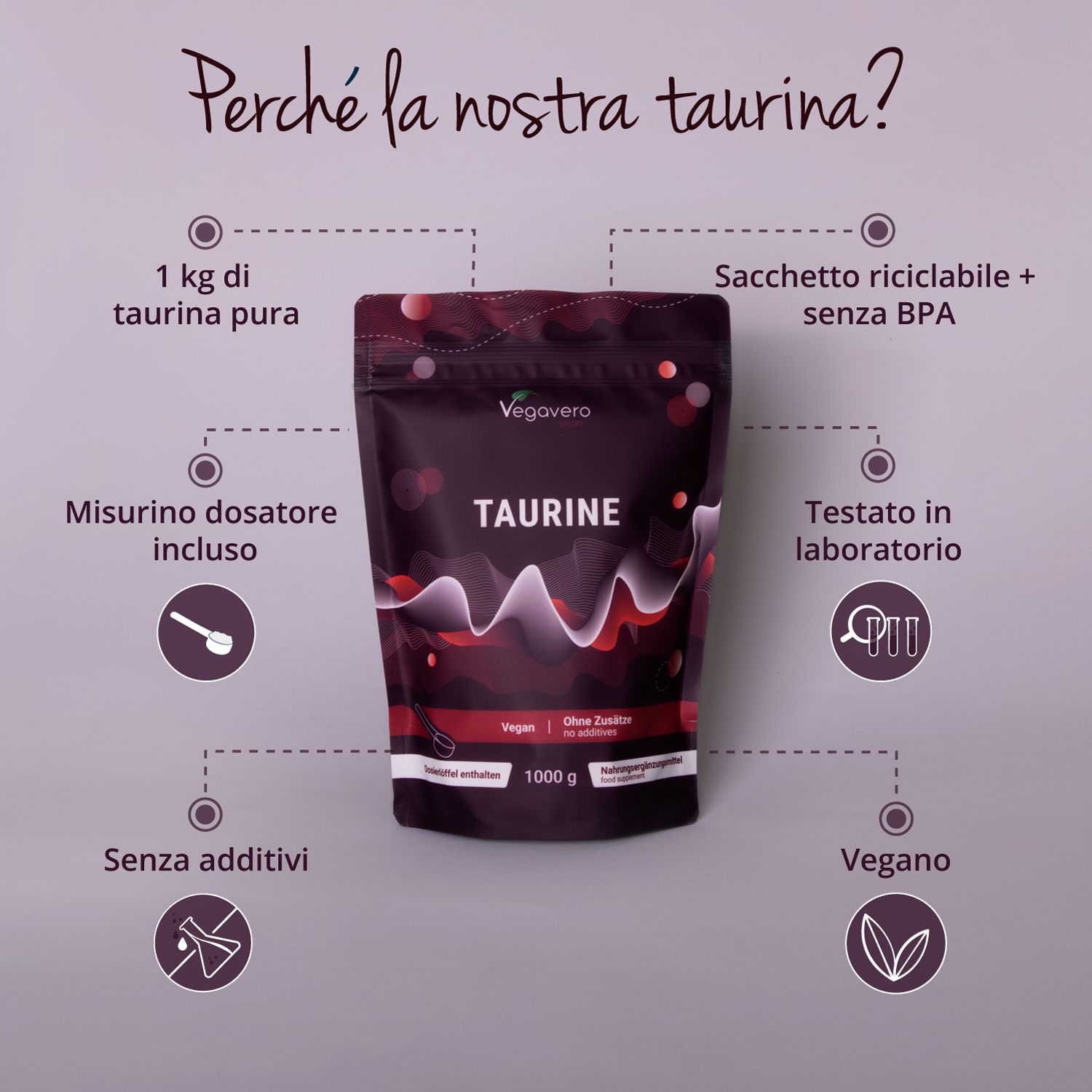Grafica con busta di polvere di taurina VEGAVERO. Testo: Perché la nostra taurina? Con misurino, senza additivi, vegano, produzione tedesca.