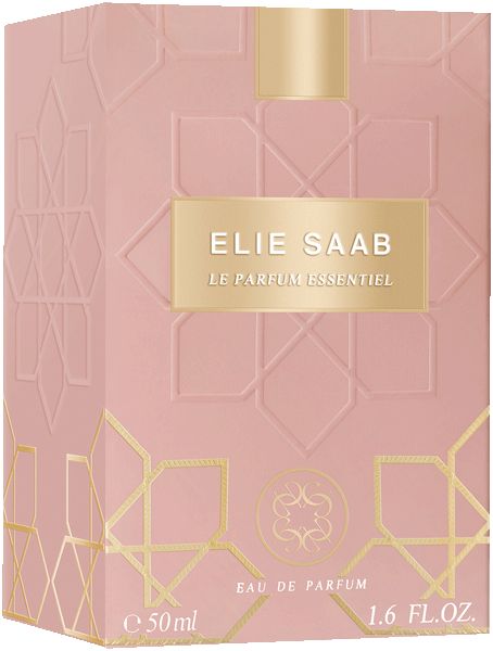 Scatola rosa per Elie Saab Le Parfum Essentiel Eau de Parfum con goffratura dorata.