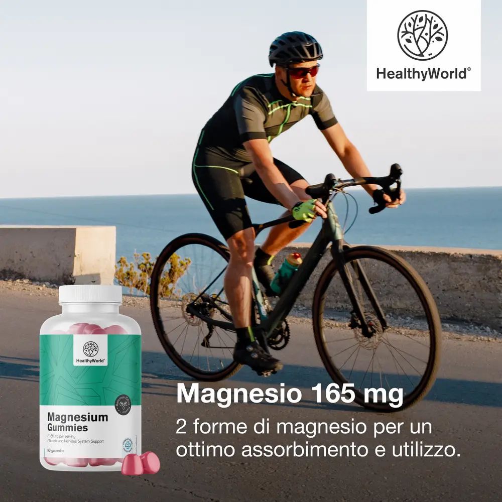 Uomo in bicicletta vicino a un flacone di Magnesium Gummies. Testo: Magnesio 165 mg.