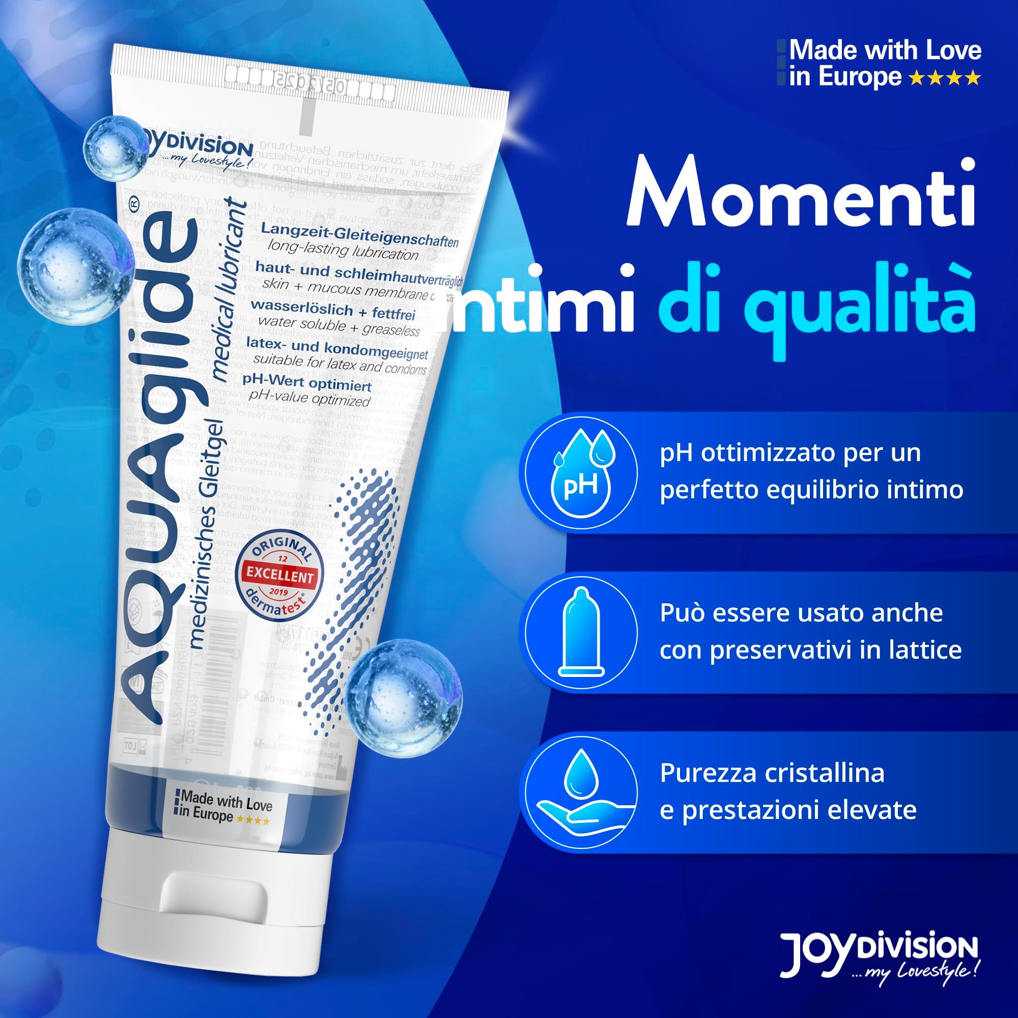 Tubo di gel lubrificante medicale AQUAglige con testi e icone italiani.
