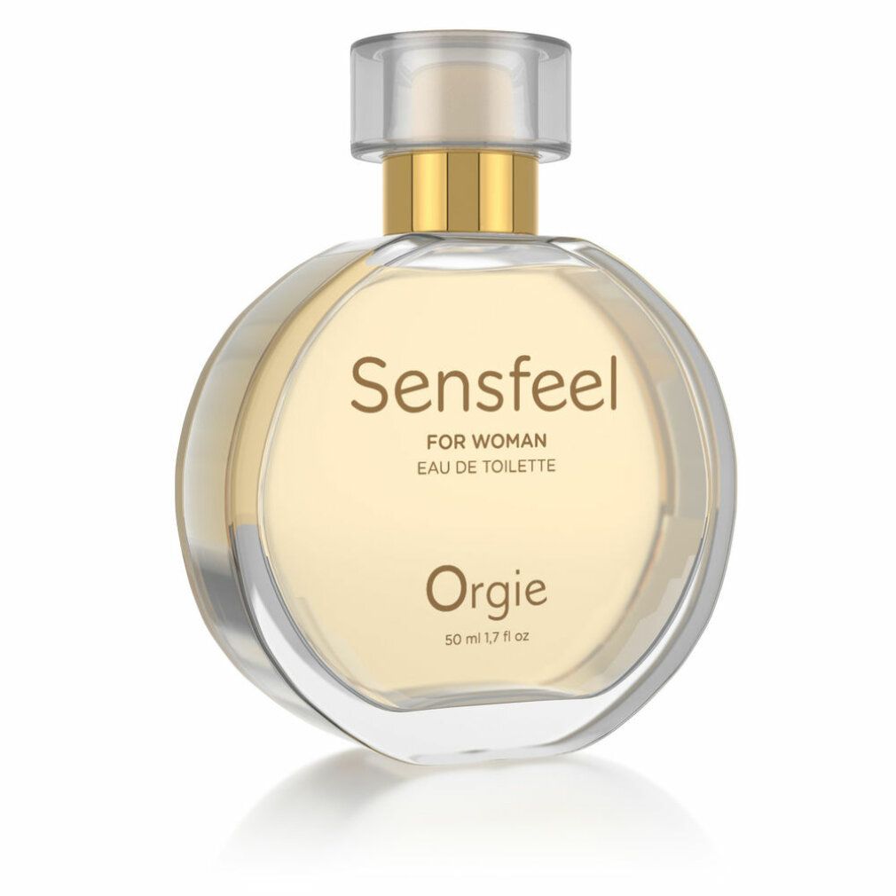 Flacone rotondo con tappo dorato. Testo: Sensfeel FOR WOMAN Eau de Toilette, Orgie. Volume: 50 ml.