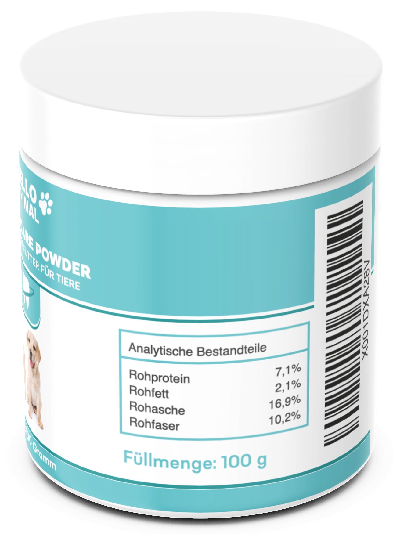 Barattolo bianco con etichetta blu. Scritta: Hello Animal, Dental Care Powder. Componenti analitici e peso netto: 100 g.