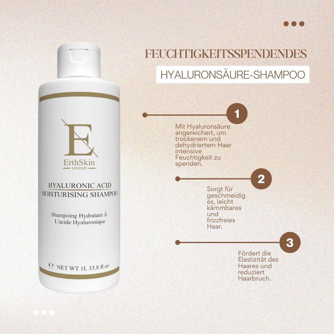 Flacone bianco con etichetta dorata. Testo: ErthSkin London, Shampoo idratante all'acido ialuronico. Infografica con 3 punti.