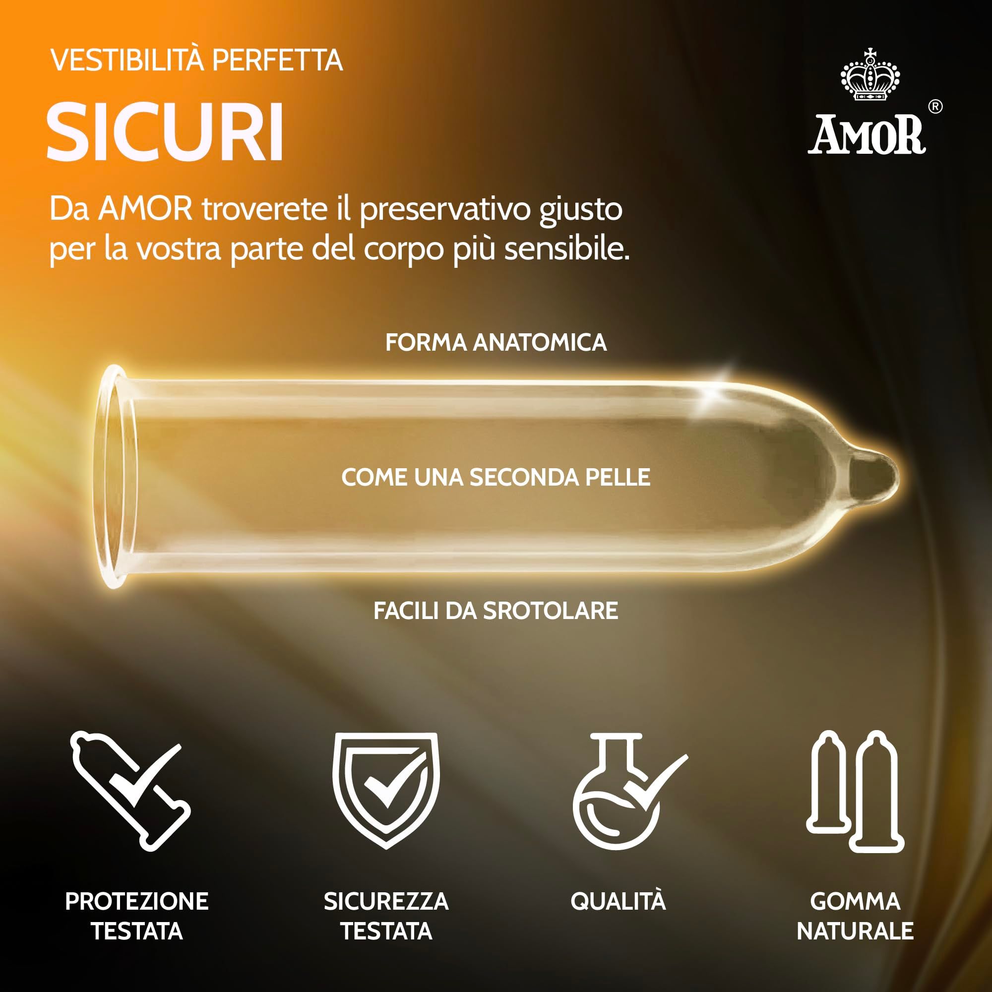 Preservativo AMOR trasparente, forma anatomica, gomma naturale.