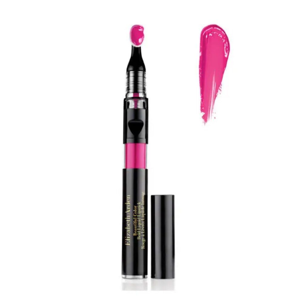 Rossetto liquido con applicatore e campione di colore. Astuccio nero. Colore rosa. Nome del prodotto visibile. Tappo aperto.