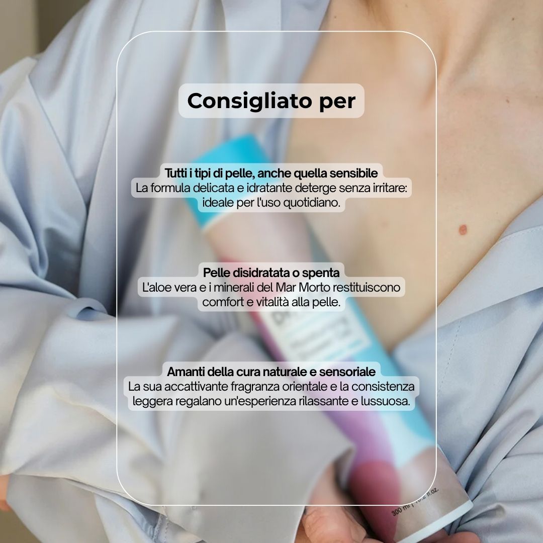 Flacone del prodotto davanti al busto. Flacone: Dr. SEA, Moisturising Shower Gel. Testo: Consigliato per: Tutti i tipi di pelle, idratante.