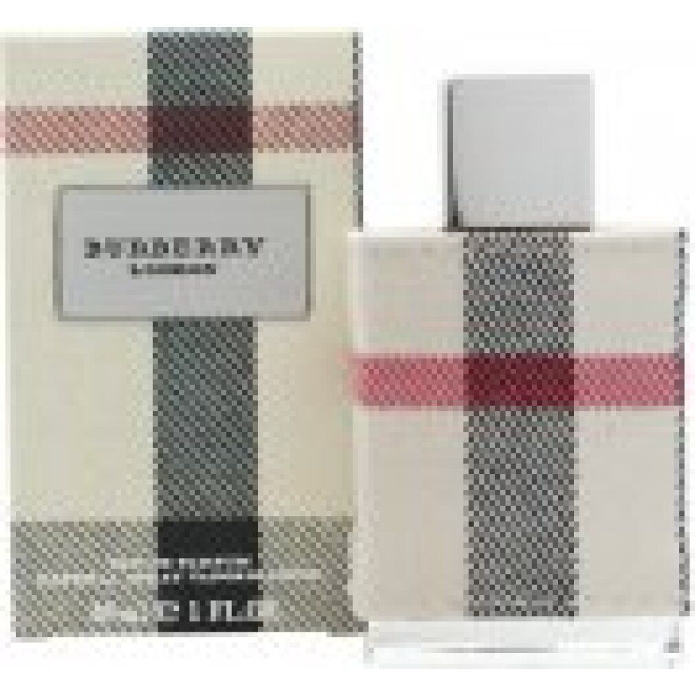 Burberry London Eau de Parfum Spray. Flacone e confezione con motivo a quadri. Tappo argentato. Testo: Burberry London.