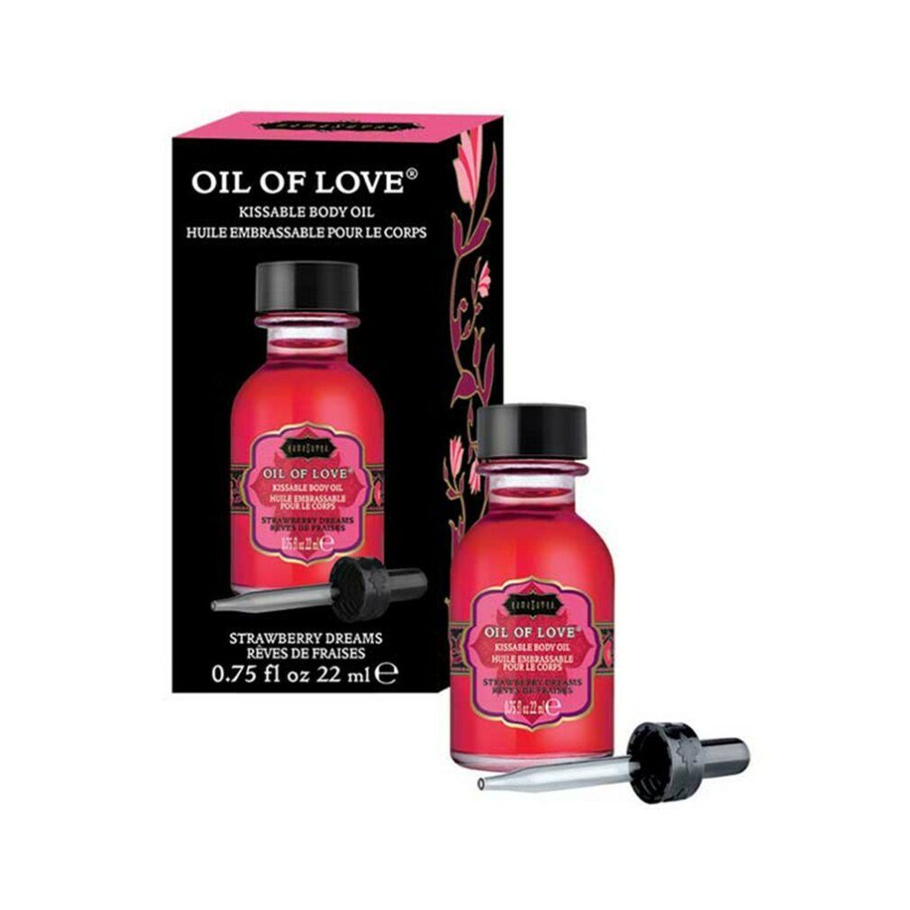 Olio rosso in bottiglia di vetro con tappo nero e pipetta. Scritta: OIL OF LOVE. Confezione con motivo floreale.