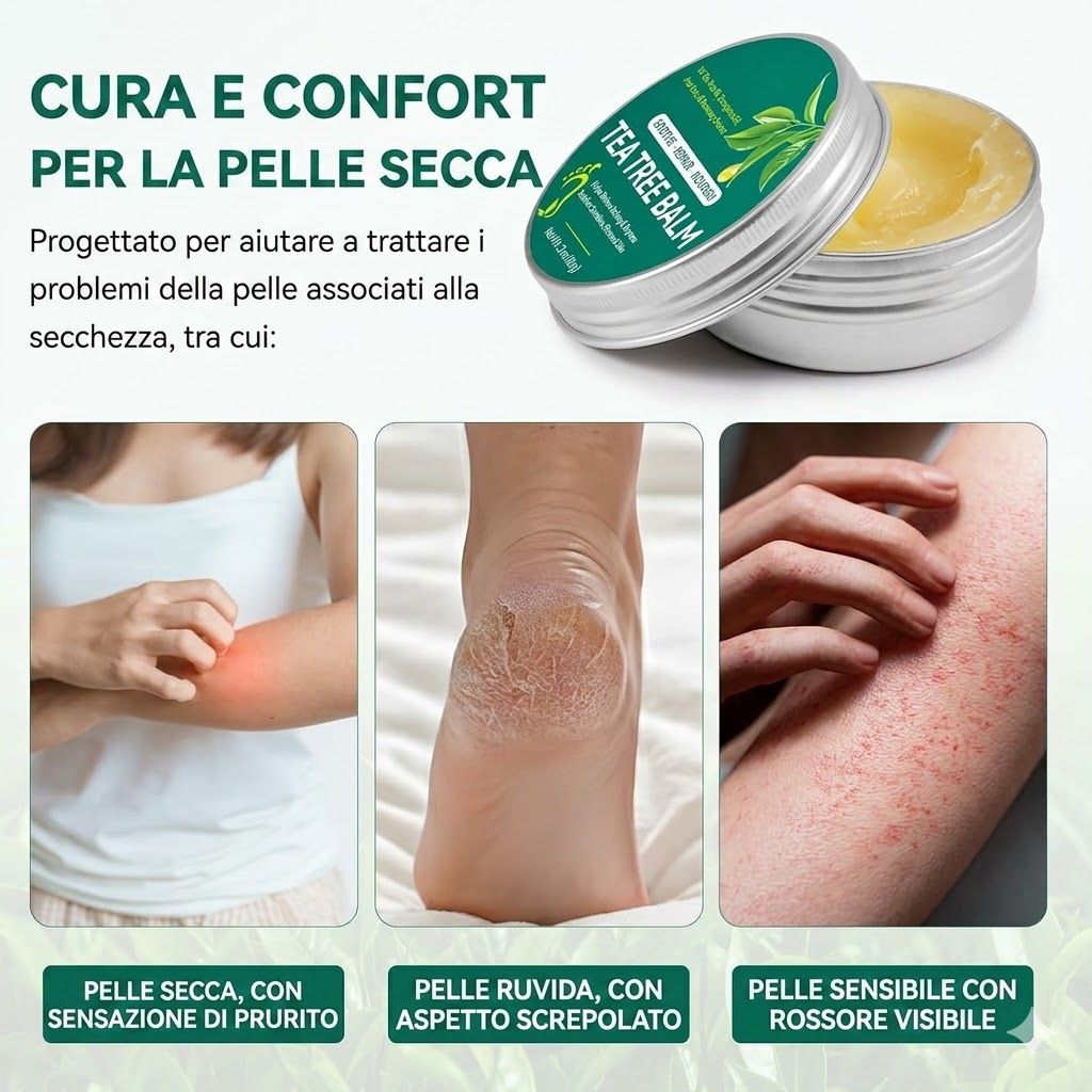 Immagine del prodotto con tre condizioni della pelle: pelle secca e pruriginosa, talloni screpolati, pelle rossa. Testo: Cura e comfort per la pelle secca.