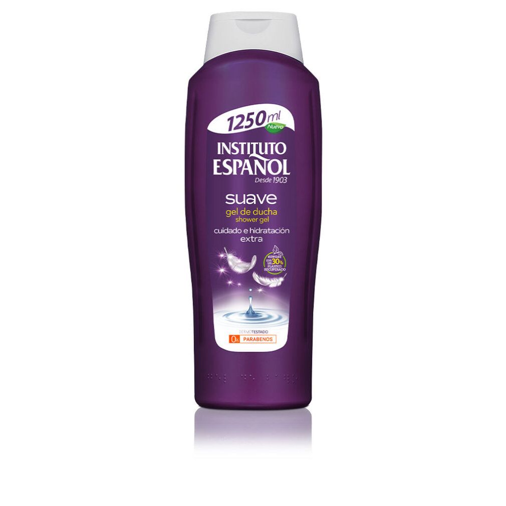 Flacone viola con tappo bianco. Scritta Instituto Español Suave Gel Doccia. 1250ml.
