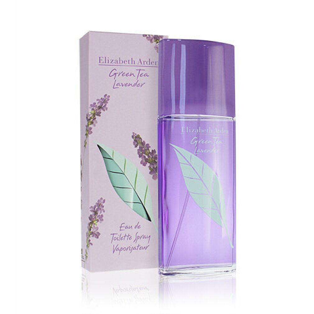 Flacone viola e confezione. Scritta: Green Tea Lavender. Design foglia verde. Confezione con motivo lavanda.