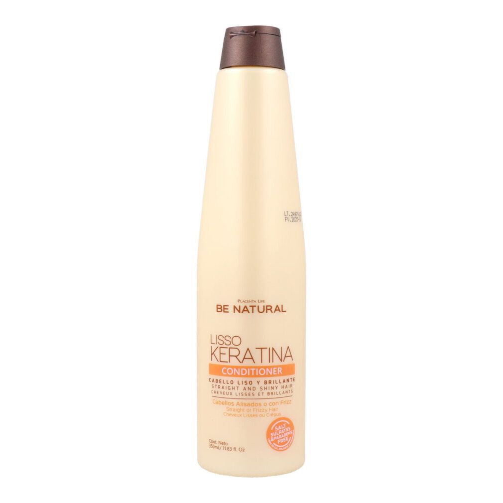 Conditioner Lisso Keratina Be Natural. Bottiglia beige, tappo marrone. Scritta arancione: Cabello Liso y Brillante.