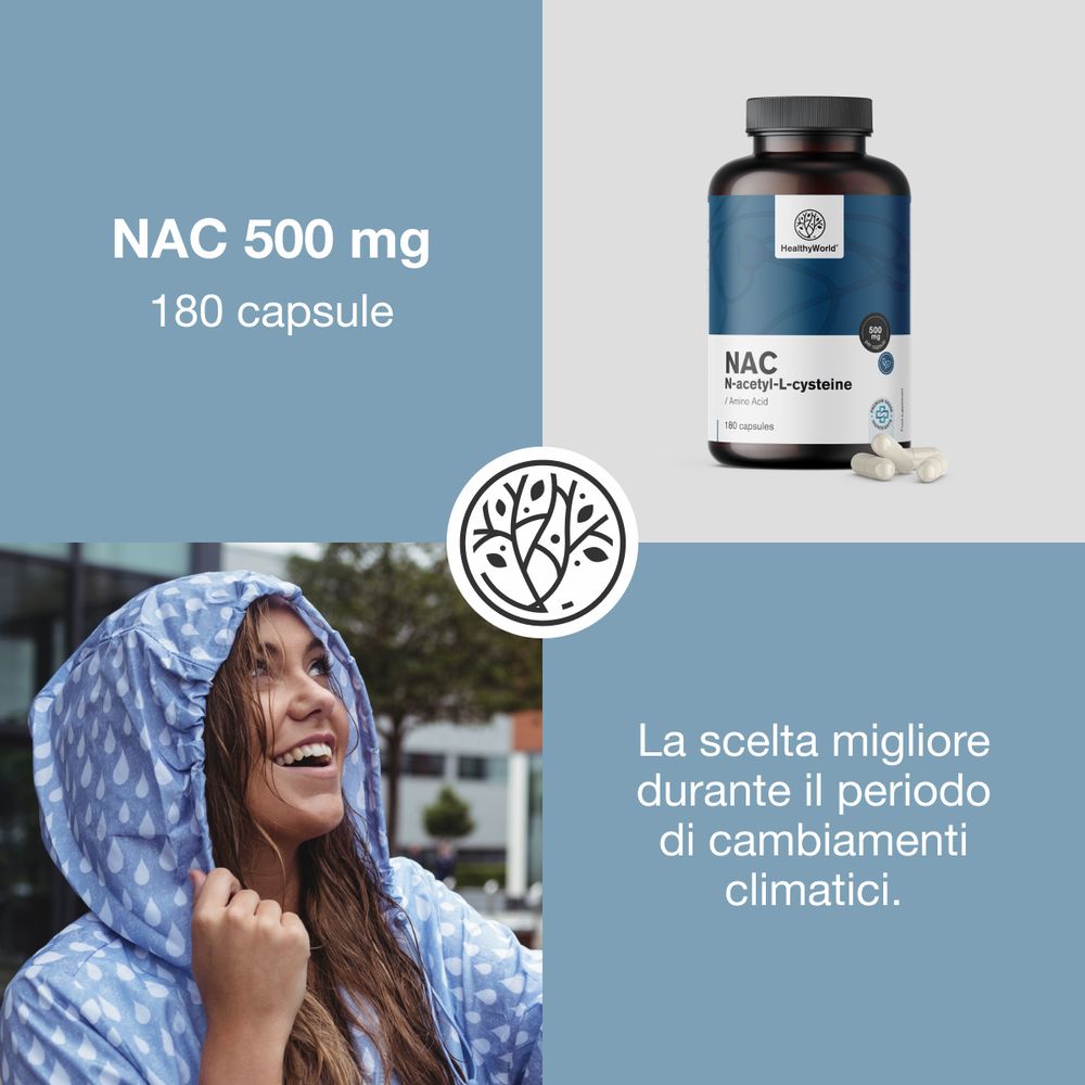 Flacone di NAC 500 mg, 180 capsule. Testo: "supporto versatile", "ottimo assorbimento".