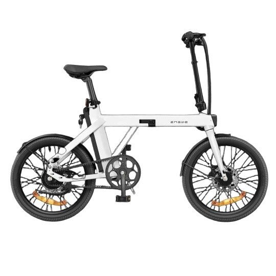 Bicicletta elettrica pieghevole bianca con pneumatici e dettagli neri. La bici è piegata.