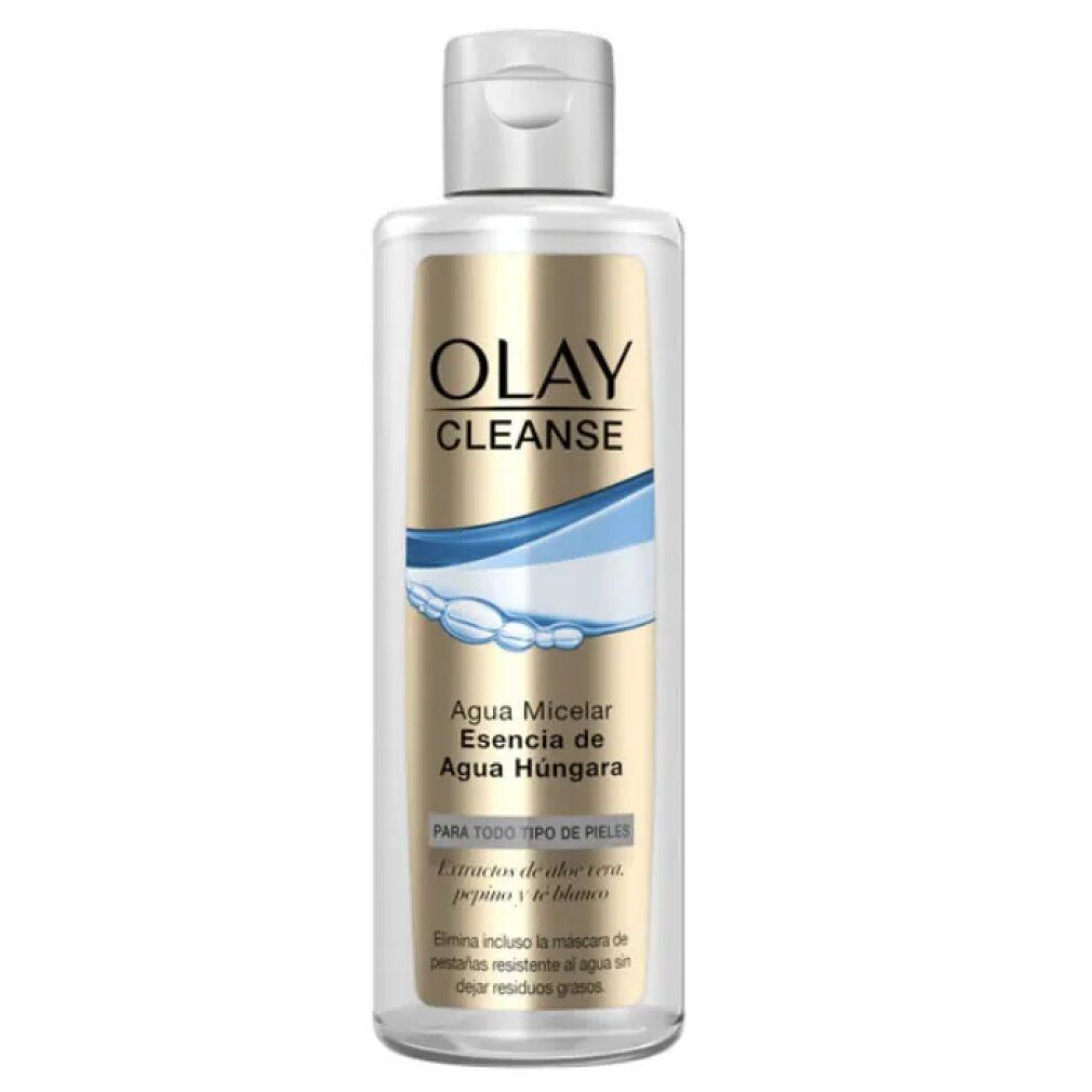 Flacone trasparente con tappo bianco. Etichetta con "Olay Cleanse" e testo in spagnolo.