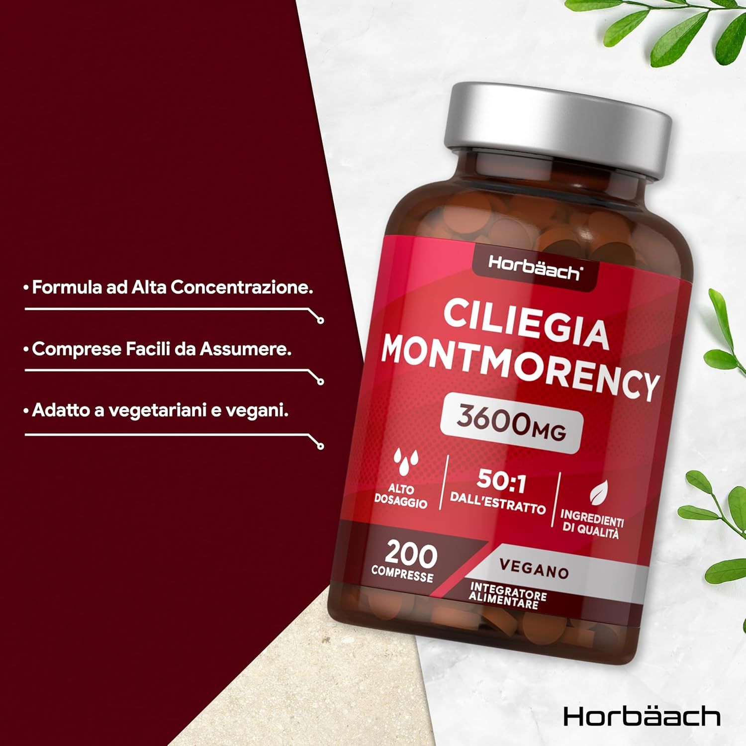 Flacone di compresse con etichetta rossa. Scritta: Ciliegia Montmorency, 3600mg, 200 compresse. Vegano. Horbaach.