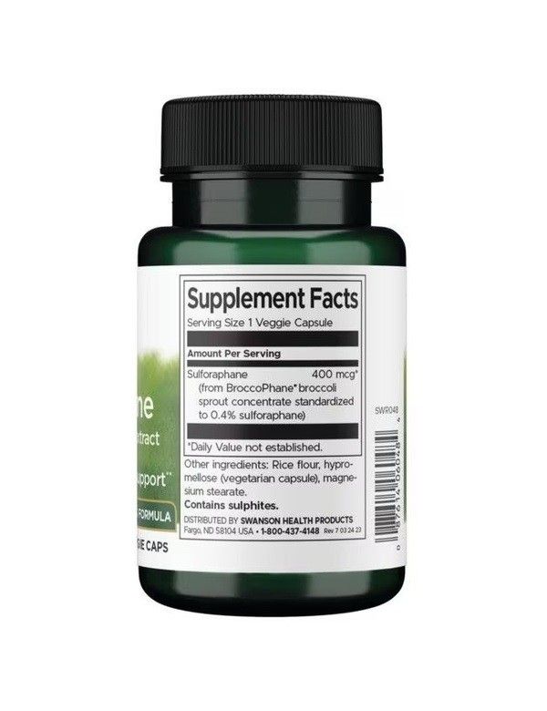 Retro di flacone verde con tappo nero. Scritta: Supplement Facts, Sulforafano. Contiene solfiti.