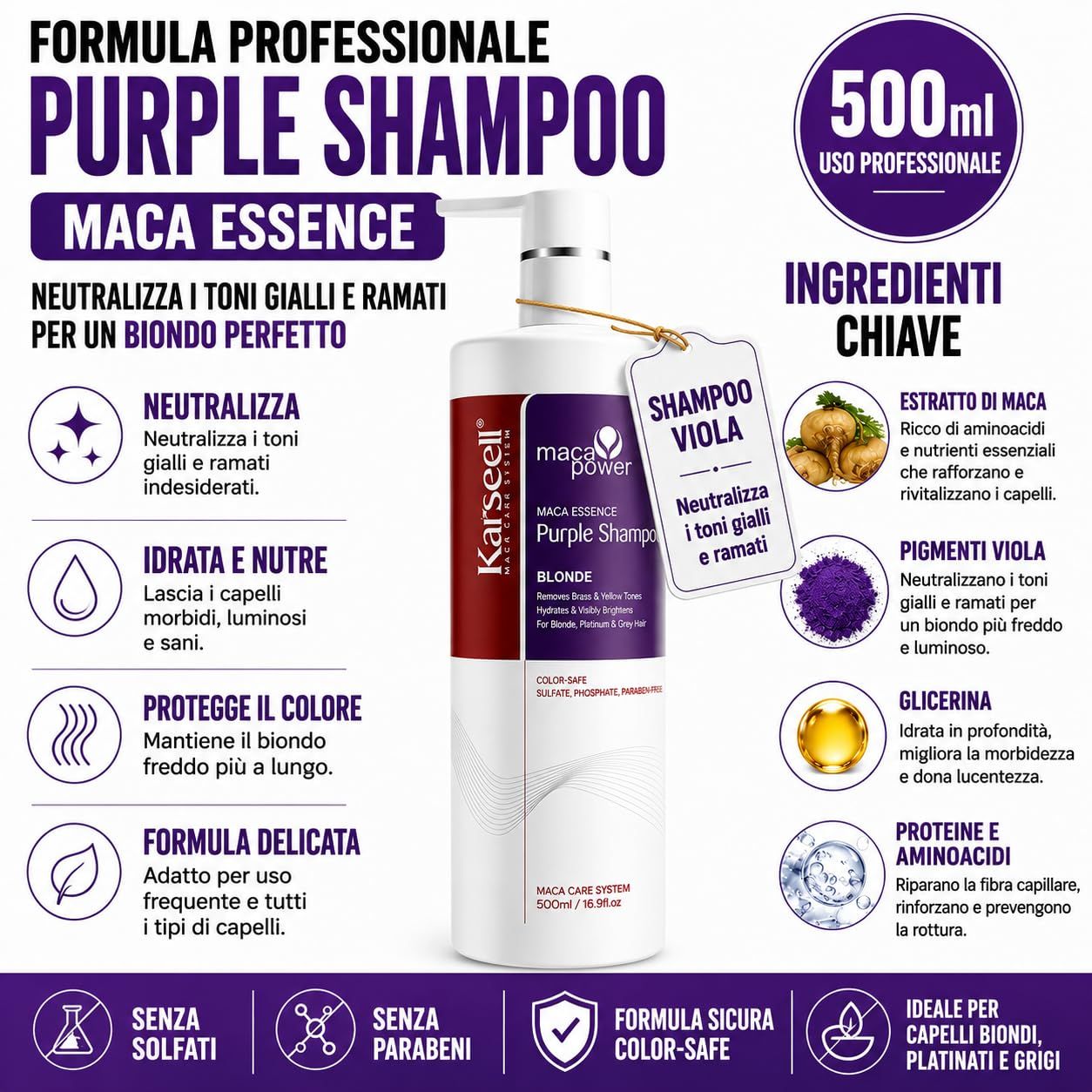 KARSEELL Shampoo Viola Antigiallo Professionale Capelli Biondi Platino Grigi Decolorati