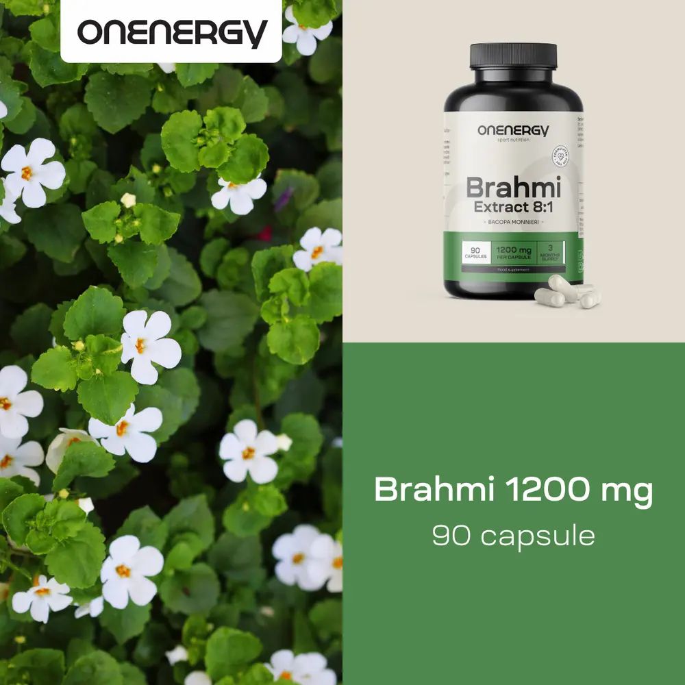 Immagine del prodotto con piante e flacone. Flacone: OnEnergy Brahmi 1200 mg, 90 capsule. Sfondo: foglie e fiori verdi.