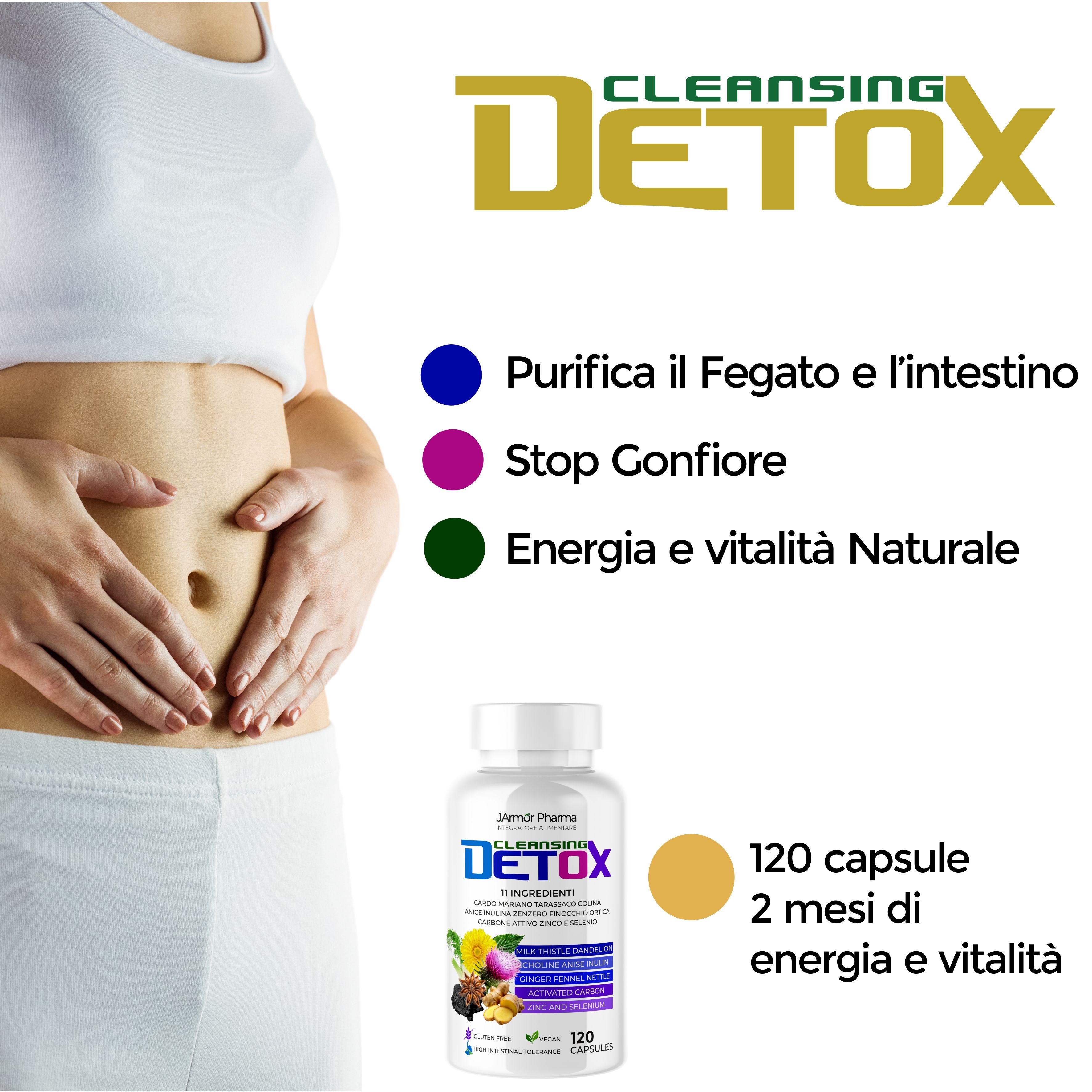 Flacone del prodotto con testo e grafica. Testo: J.Armor Pharma, Detox, 120 capsule. Grafica: donna che si tocca la pancia. Testo: Purifica fegato e intestino.