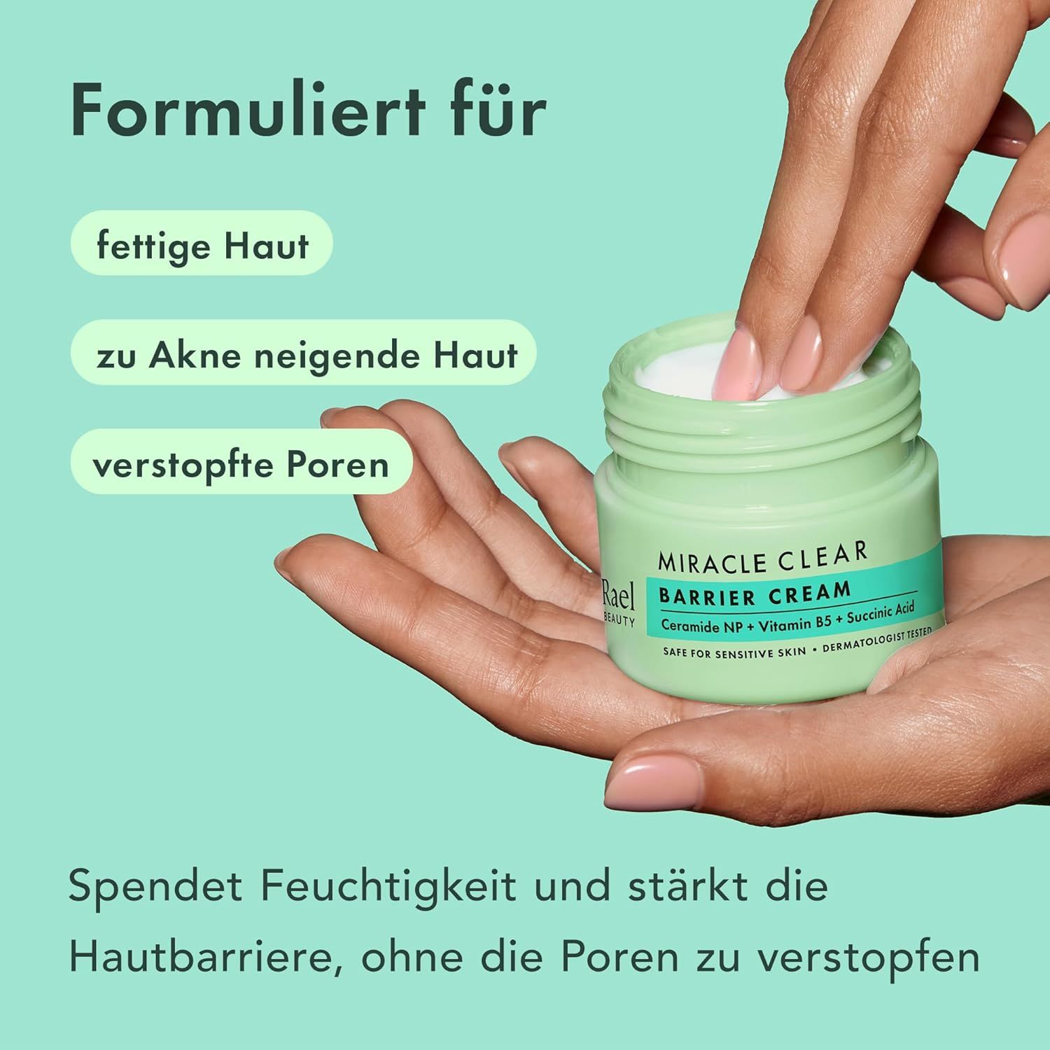 Vasetto di crema verde. Testo: Formulato per pelli grasse, a tendenza acneica, pori ostruiti. Idrata e rinforza la barriera cutanea.