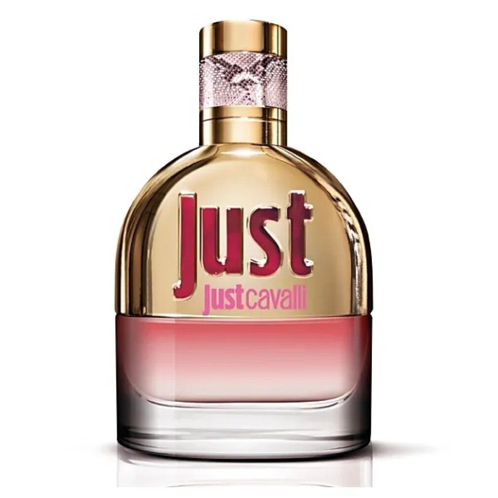 Flacone di profumo con tappo dorato e scritta rosa "JUST justcavalli". Flacone con sfumatura rosa.