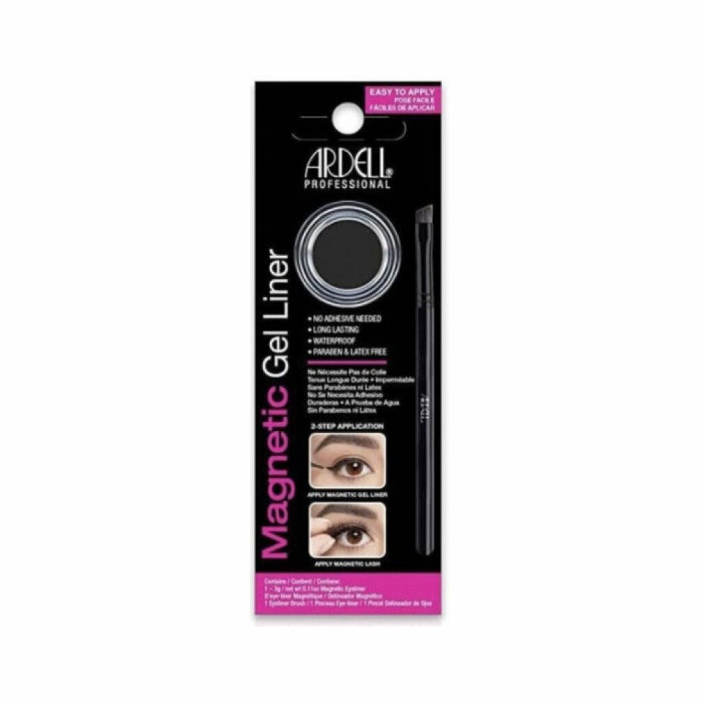 Ardell Magnetic Gel Liner. Confezione di eyeliner in gel nero con pennello. Contiene informazioni sugli ingredienti e l'applicazione.