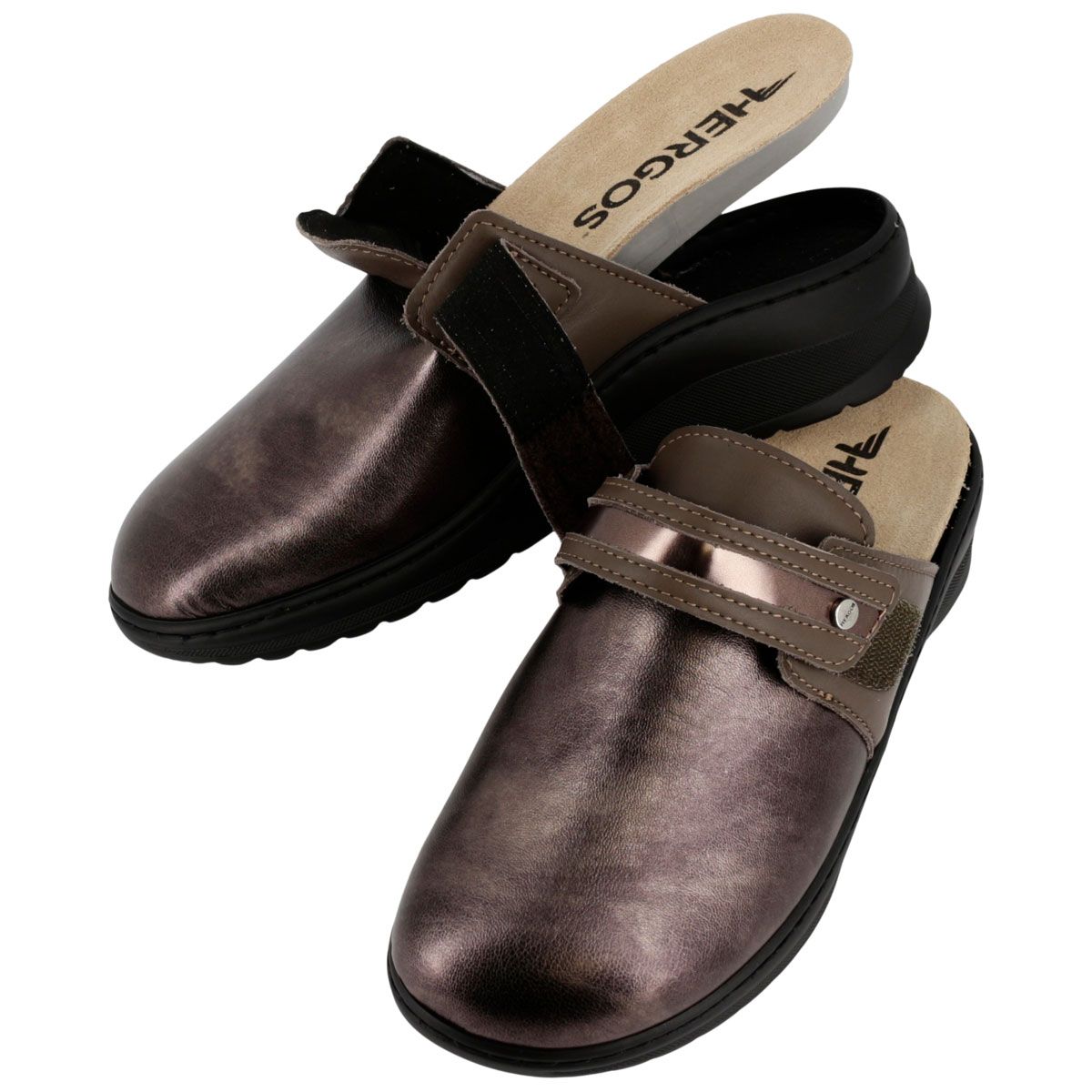 Sandalo Hergos H3503. Tomaia marrone metallizzato, cinturino regolabile, suola nera. Un sandalo parzialmente rimosso.