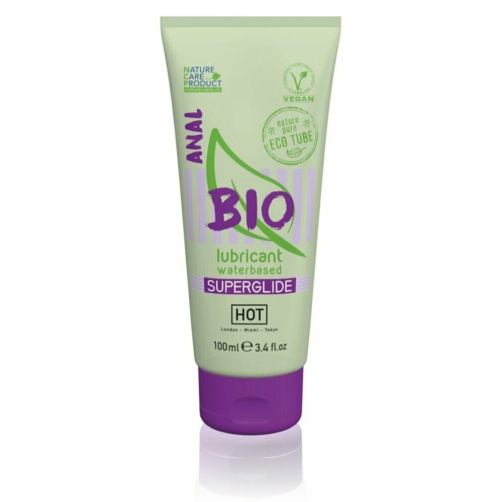 Tubo di lubrificante ANAL BIO. Design verde e bianco, tappo viola. Vegan, Eco Tube. Testo: SUPERGLIDE HOT, 100ml.