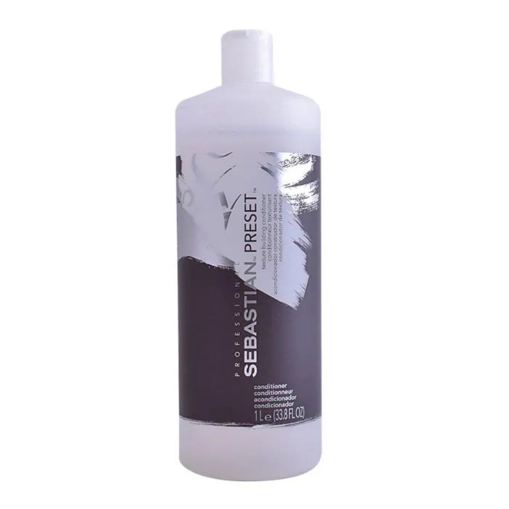 Flacone di balsamo Sebastian Preset. Contenitore bianco con etichetta nera. Testo: Sebastian Preset, Conditioner, 1L.