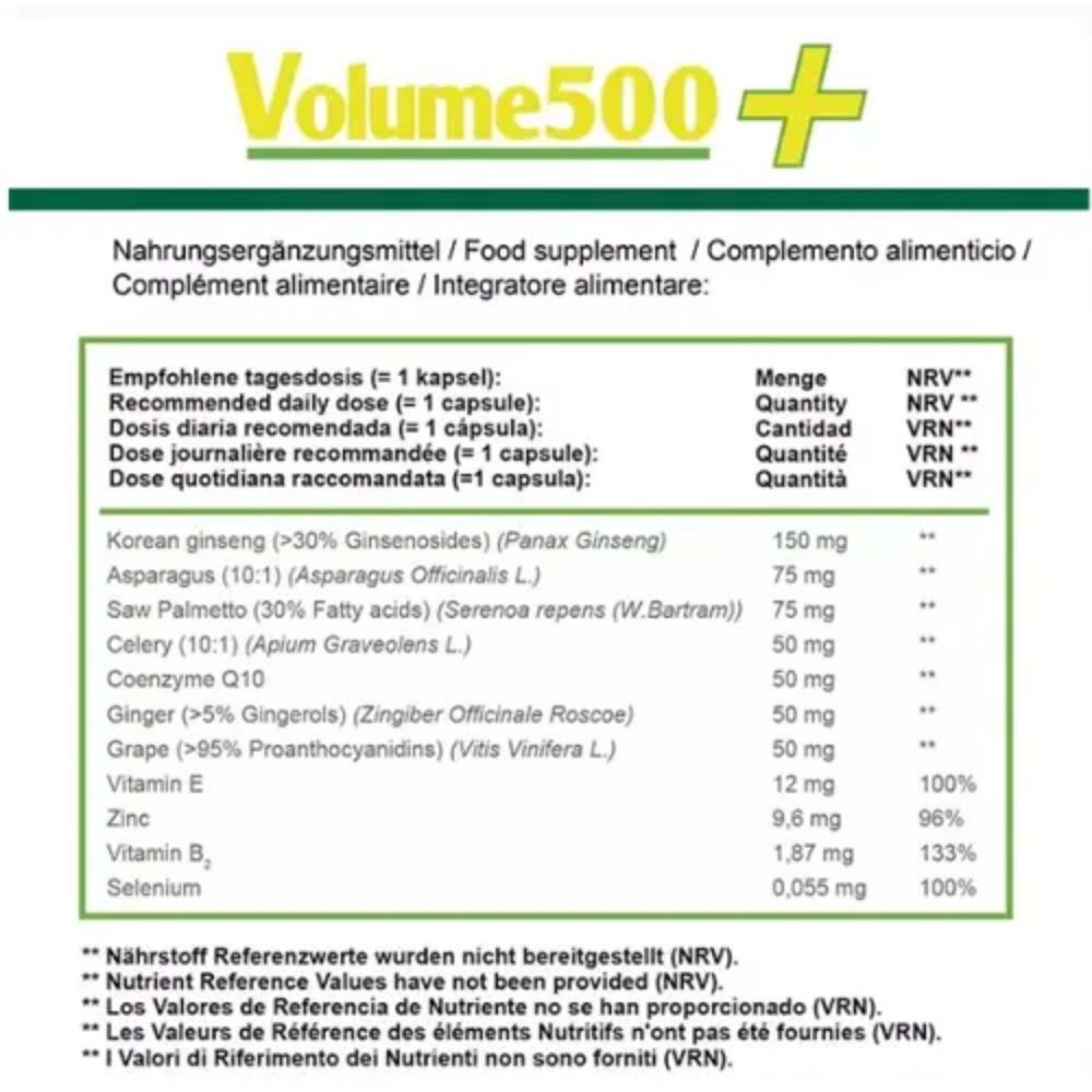 Tabella integratori alimentari con ingredienti e valori nutrizionali. Logo "Volume500+" in alto.