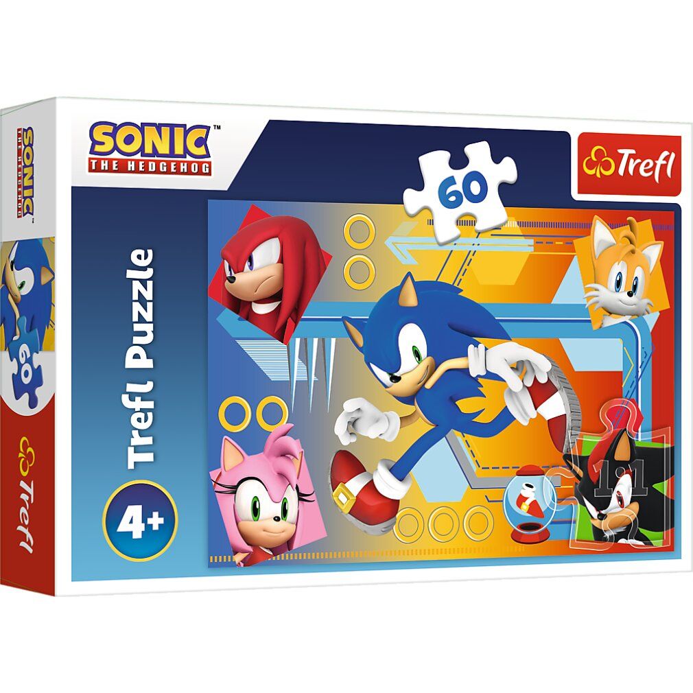 Puzzle Trefl, 60 pezzi, Sonic. Confezione con Sonic e amici. Logo Sonic the Hedgehog. Età consigliata: 4+. Marchio Trefl.