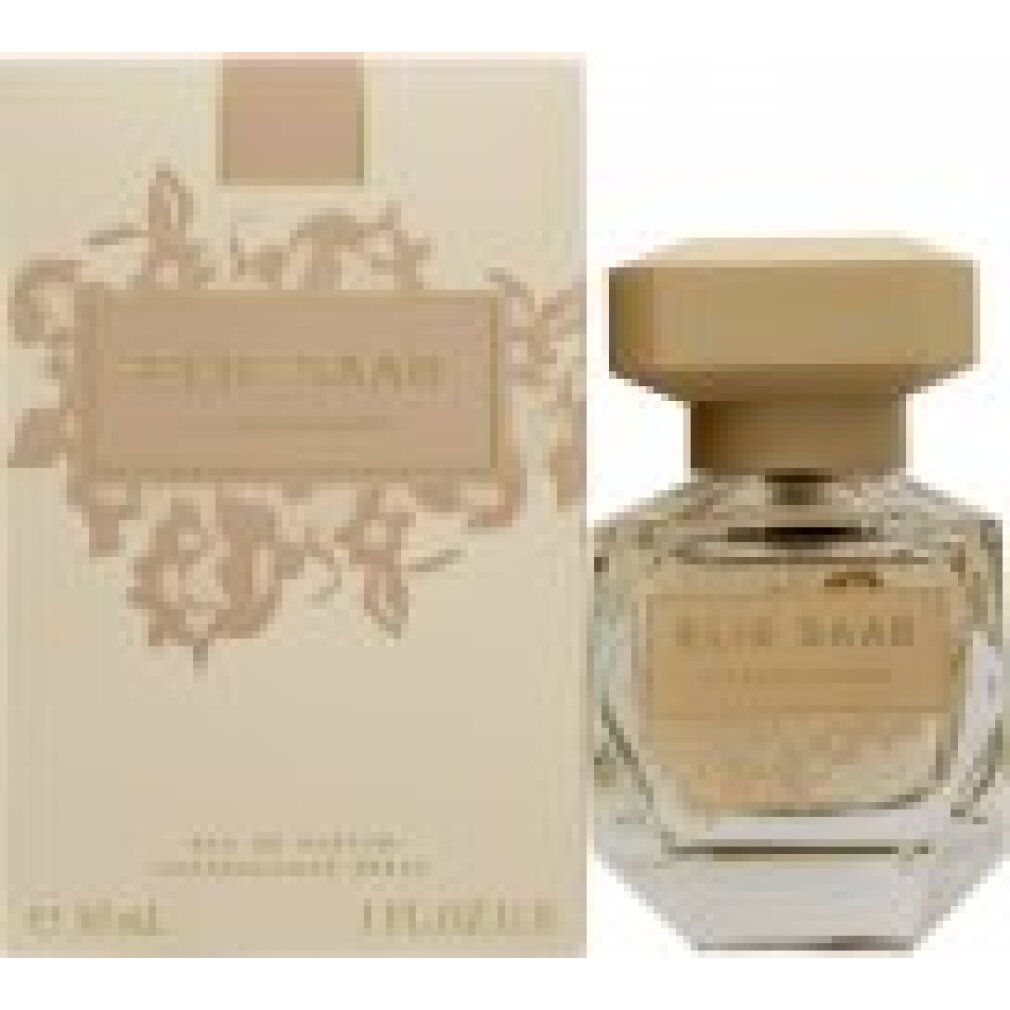 Flacone di profumo e scatola. Flacone con tappo ottagonale, scritta "ELIE SAAB". Scatola con motivo floreale e scritta.