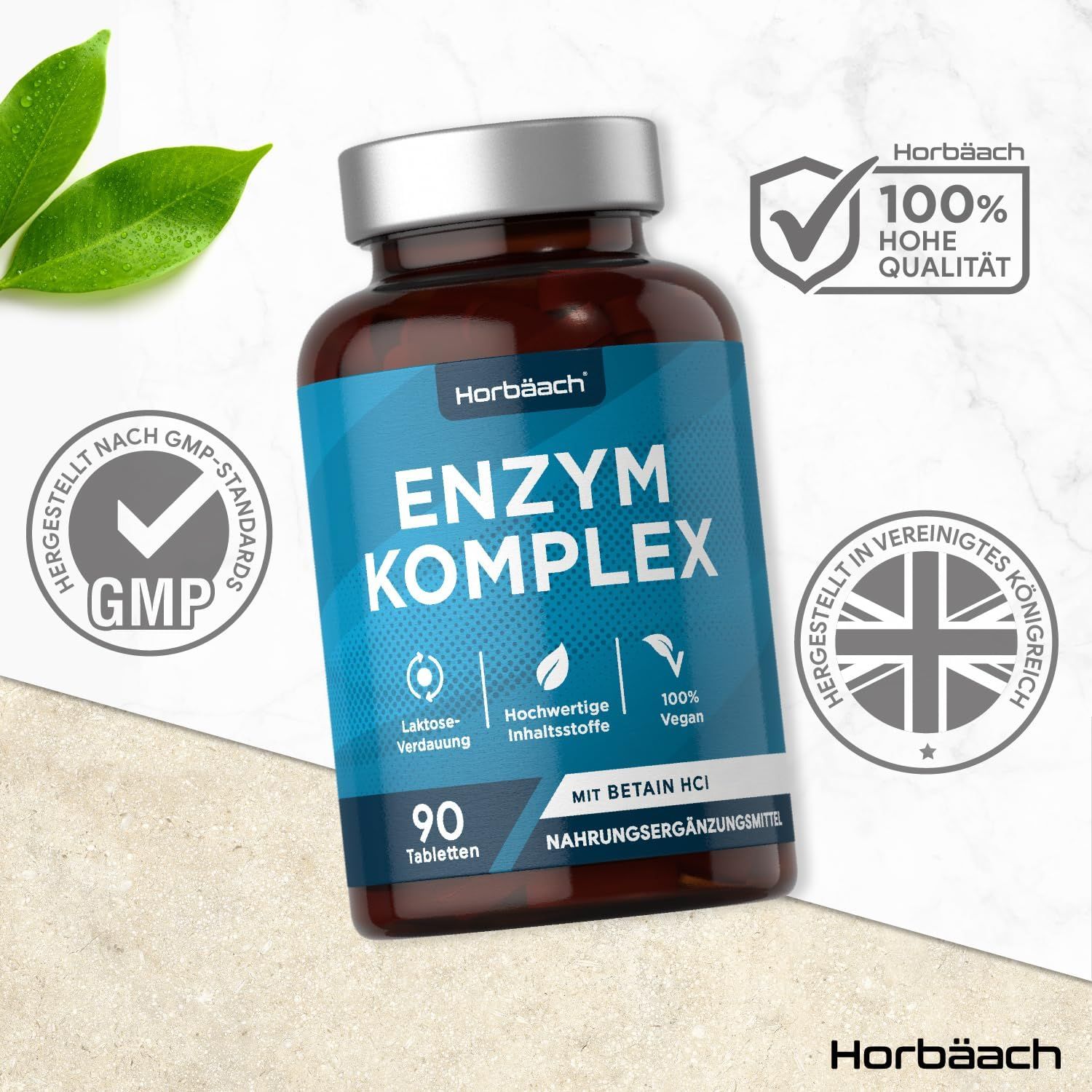 Flacone marrone con etichetta blu. Contiene 90 compresse. Scritta: Enzym Komplex, Horbaach. Certificato GMP, alta qualità.