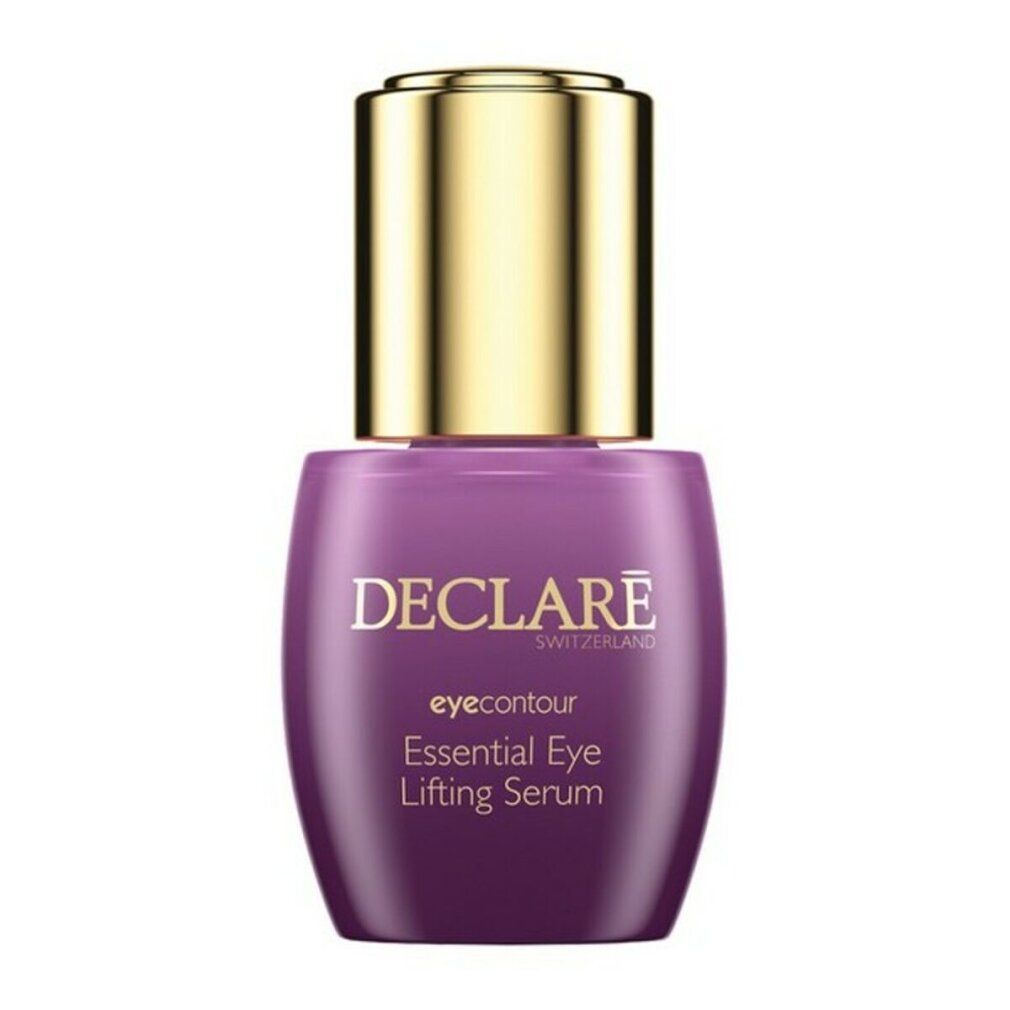 Flacone viola con tappo dorato. Scritta: DECLARE SWITZERLAND, eyecoutour, Essential Eye Lifting Serum.