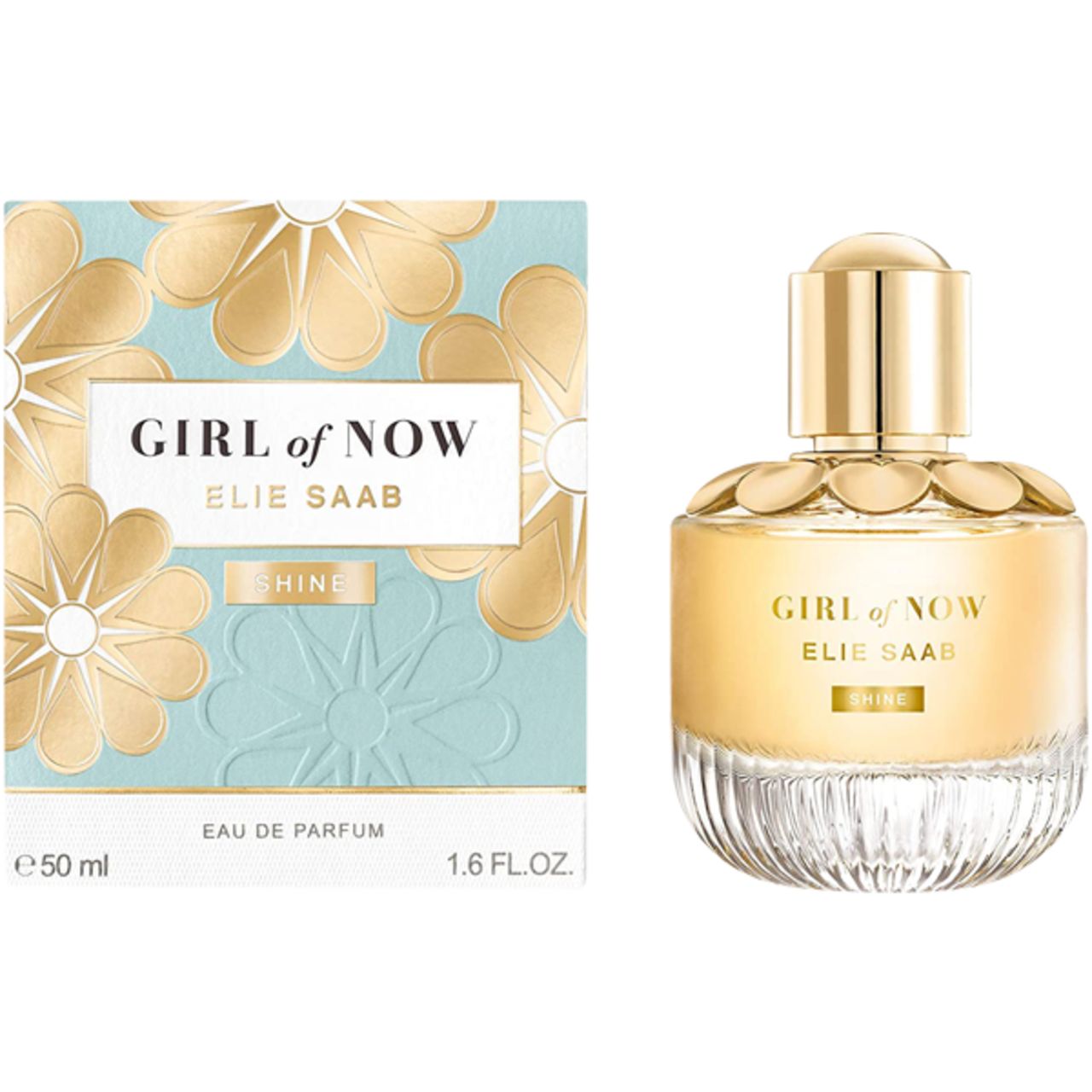 Flacone di profumo e confezione. Scritta: GIRL of NOW, ELIE SAAB, SHINE. Confezione: 50 ml, 1.6 FL.OZ.