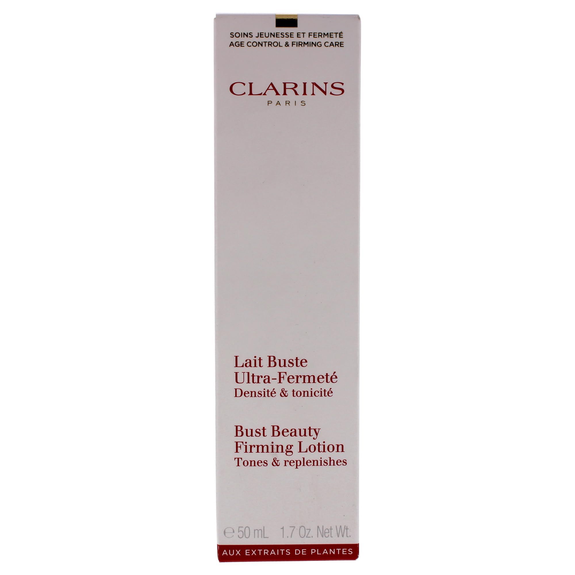 Confezione. Scritta: Lait Buste Ultra-Fermeté, Bust Beauty Firming Lotion. Marchio: Clarins.