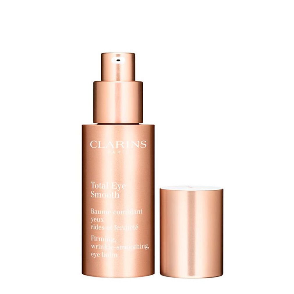 Flacone di crema occhi CLARINS Total Eye Smooth. Cilindrico, oro rosa, con pompa e tappo. Testo: CLARINS, Total Eye Smooth.