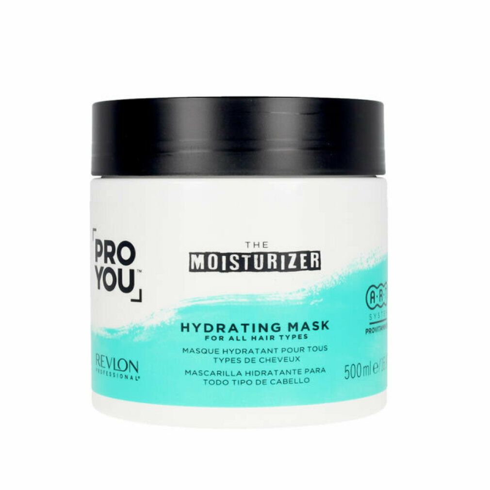 Vaso bianco con coperchio nero. Scritta: PRO YOU, THE MOISTURIZER, HYDRATING MASK. Sfondo turchese. 500ml.