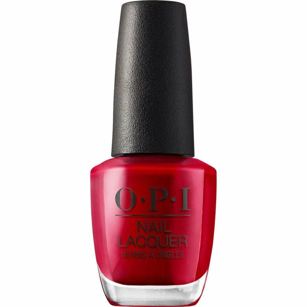 Flacone di smalto rosso con tappo nero. Logo OPI e scritta 'Nail Lacquer' visibili.
