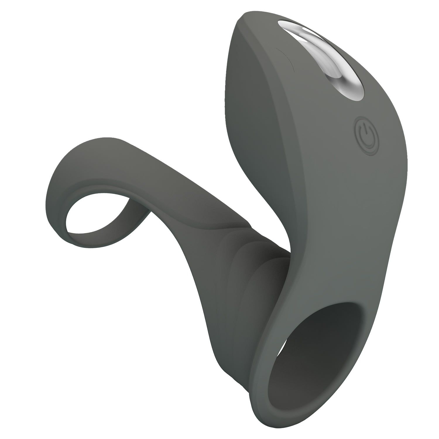 Anello grigio con forma curva e sporgenza. Include un'apertura rotonda e una punta allungata con pulsante.