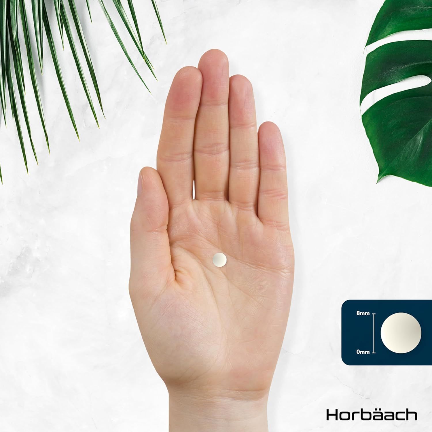 Una compressa su un palmo. Dimensioni: 8mm x 8mm. Logo Horbaach.