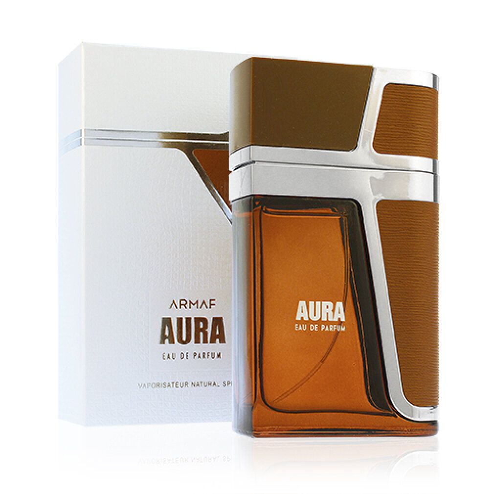 Flacone di profumo e confezione. Flacone marrone, argento. Confezione bianca. Scritta: AURA Eau de Parfum.